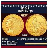 1910-s Gold Indian Half Eagle $5 ms63+ SEGS