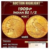 1909-p Gold Indian Quarter Eagle $2 1/2 ms65 SEGS