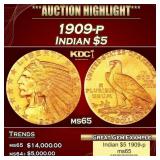 1909-p Gold Indian Half Eagle $5 ms65 USCG