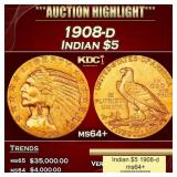 1908-d Gold Indian Half Eagle $5 ms64+ USCG