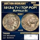 1913-d Ty I Buffalo Nickel TOP POP! 5c ms68 SEGS