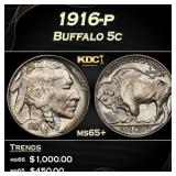 1916-p Buffalo Nickel 5c Grades ms65+