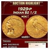 1929-p Gold Indian Quarter Eagle $2 1/2 ms65+ SEGS