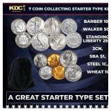 7 Coin Collecting Starter Type Kit. Barber 10c, Wa