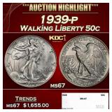 1939-p Walking Liberty Half Dollar 50c ms67 SEGS