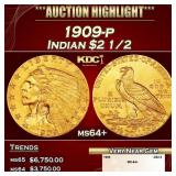 1909-p Gold Indian Quarter Eagle $2 1/2 ms64+ SEGS