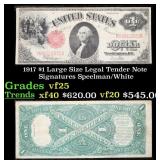 1917 $1 Large Size Legal Tender Note Grades vf+ Si