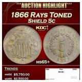 1866 Rays Shield Nickel Toned 5c ms65+ SEGS