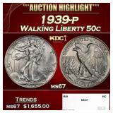 1939-p Walking Liberty Half Dollar 50c ms67 SEGS