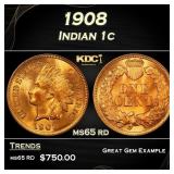 1908 Indian Cent . 1c Grades ms65 rd