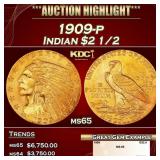 1909-p Gold Indian Quarter Eagle $2 1/2 ms65 SEGS
