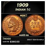 1909 Indian Cent . 1c Grades ms65 rb