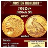1910-p Gold Indian Half Eagle $5 ms64+ USCG