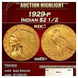 1929-p Gold Indian Quarter Eagle $2 1/2 ms65+ SEGS