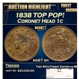 1838 Coronet Head Large Cent TOP POP! 1c ms67 bn S