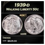 1939-d Walking Liberty Half Dollar 50c Grades ms66