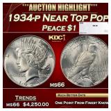 1934-p Peace Dollar Near Top Pop $1 ms66 SEGS