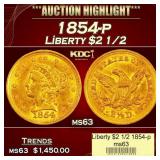 1854-p Gold Liberty Quarter Eagle $2 1/2 ms63 USCG
