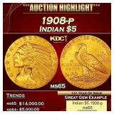 1908-p Gold Indian Half Eagle $5 ms65 USCG