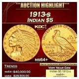 1913-s Gold Indian Half Eagle $5 ms64+ USCG