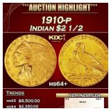 1910-p Gold Indian Quarter Eagle $2 1/2 ms64+ SEGS