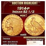 1914-p Gold Indian Quarter Eagle $2 1/2 ms65 SEGS
