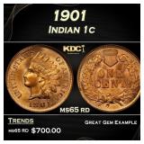 1901 Indian Cent . 1c Grades ms65 rd