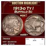 1913-d Ty I Buffalo Nickel 5c ms66+ SEGS