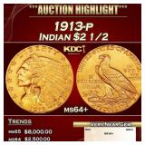 1913-p Gold Indian Quarter Eagle $2 1/2 ms64+ SEGS