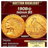 1908-d Gold Indian Half Eagle $5 ms64+ USCG