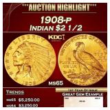 1908-p Gold Indian Quarter Eagle $2 1/2 ms65 SEGS