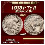 1913-p Ty II Buffalo Nickel 5c ms66 SEGS