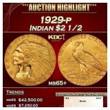 1929-p Gold Indian Quarter Eagle $2 1/2 ms65+ SEGS