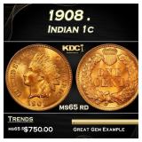 1908 Indian Cent . 1c Grades ms65 rd