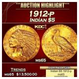 1912-p Gold Indian Half Eagle $5 ms64+ USCG