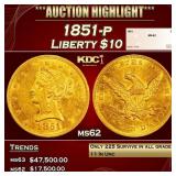 1851-p Gold Liberty Eagle $10 ms62 SEGS