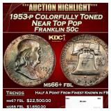 1953-p Franklin Half Dollar Colorfully Toned Near