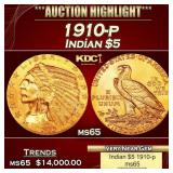 1910-p Gold Indian Half Eagle $5 ms64+ USCG