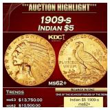 1909-s Gold Indian Half Eagle $5 ms62+ USCG