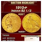 1910-p Gold Indian Quarter Eagle $2 1/2 ms64+ SEGS