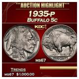 1935-p Buffalo Nickel 5c ms67 SEGS