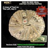 5x 1953 $5 Red Seal United States Note Grades AU/C