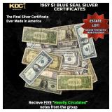 5x 1957 $1 Blue Seal Silver Certificates Heavily C