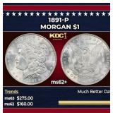 1891-p Morgan Dollar $1 Grades ms62+