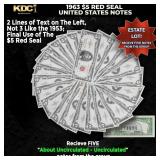 5x 1963 $5 Red Seal United States Note Grades AU/C