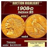 1908-d Gold Indian Half Eagle $5 ms64 USCG