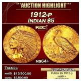 1912-p Gold Indian Half Eagle $5 ms64+ USCG