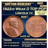 1922-d Weak D Lincoln Cent TOP POP! 1c ms65 rb USC
