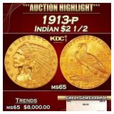 1913-p Gold Indian Quarter Eagle $2 1/2 ms65 SEGS