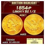 1854-p Gold Liberty Quarter Eagle $2 1/2 ms63 USCG